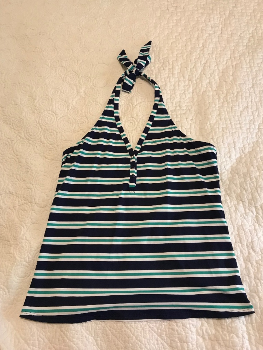Land’s End nautical striped v-neck halter top in navy, green & white (4)